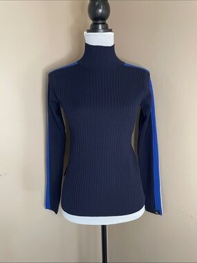Capranea Women’s Ribbed Navy Mock Sweater with Royal Blue and Grey Stripe, 6/36